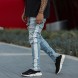 Knee Hole Side Zipper Slim Distressed Jeans Men  Ripped tore up Jeans For Men stripe pants Knee Hole Side Zipper Slim Distressed Jeans Men  Ripped tore up Jeans For Men stripe pants