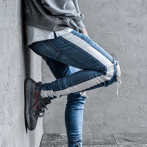 Knee Hole Side Zipper Slim Distressed Jeans Men  Ripped tore up Jeans For Men stripe pants Knee Hole Side Zipper Slim Distressed Jeans Men  Ripped tore up Jeans For Men stripe pants