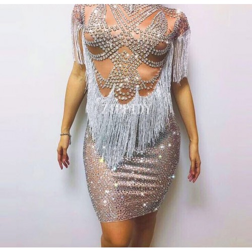 Sparkly Crystals Big Stretch Dress Women's Evening Party Wear Full Rhinestones Tassel Dress Prom Birthday Celebrate Outfit Sparkly Crystals Big Stretch Dress Women's Evening Party Wear Full Rhinestones Tassel Dress Prom Birthday Celebrate Outfit