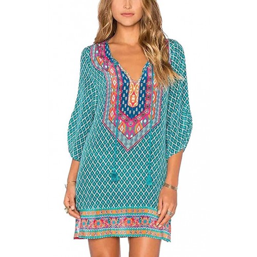Women Bohemian Neck Tie Vintage Printed Ethnic Style Summer Shift Dress