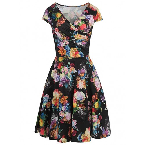 Women's  V-Neck Cap Sleeve Floral Casual Work Stretch Swing Dresses Women's  V-Neck Cap Sleeve Floral Casual Work Stretch Swing Dresses