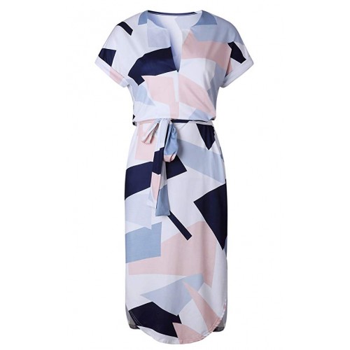 Womens Dresses Summer Casual V-Neck Floral Print Geometric Pattern Belted Dress Womens Dresses Summer Casual V-Neck Floral Print Geometric Pattern Belted Dress