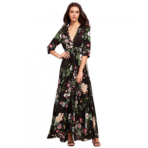 Women's Button up Split Floral Print Flowy Party Maxi Dress Women's Button up Split Floral Print Flowy Party Maxi Dress