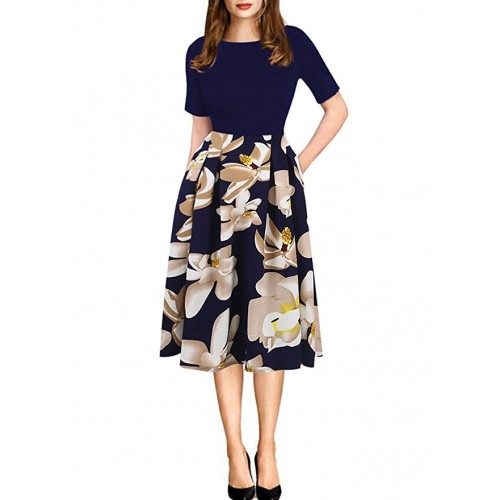 Women's Vintage Patchwork Pockets Puffy Swing Casual Party Dress Women's Vintage Patchwork Pockets Puffy Swing Casual Party Dress