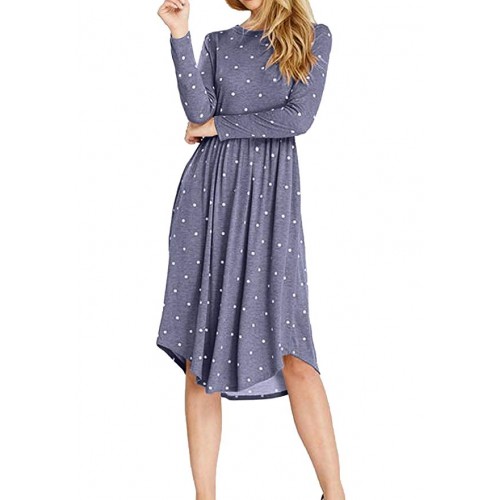 Women Long Sleeve Pleated Polka Dot Pocket Swing Casual Midi Dress Women Long Sleeve Pleated Polka Dot Pocket Swing Casual Midi Dress