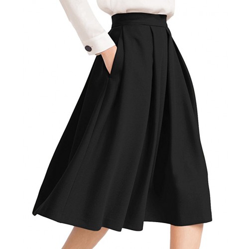 Women's High Waist Flared Skirt Pleated Midi Skirt with Pocket Women's High Waist Flared Skirt Pleated Midi Skirt with Pocket