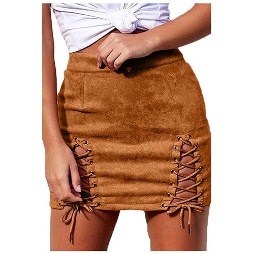 Womens Sexy High Waist Lace up Faux Suede Split Tight Mini Skirt Womens Sexy High Waist Lace up Faux Suede Split Tight Mini Skirt